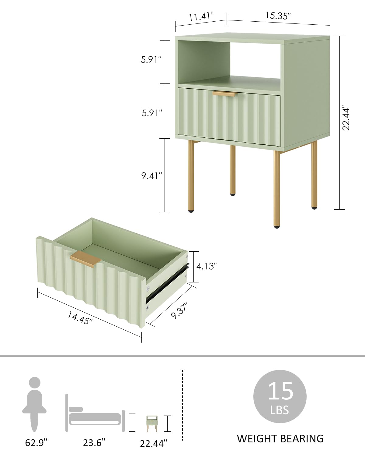 Green Night Stand with Drawer and Shelf C8807
