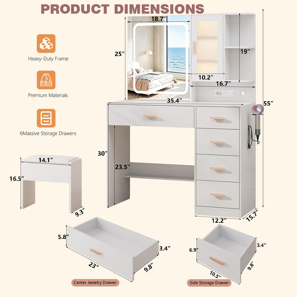 White Vanity Desk with LED Lights Mirror, 5 Drawers, Charging Station & Cushion Stool Q186578