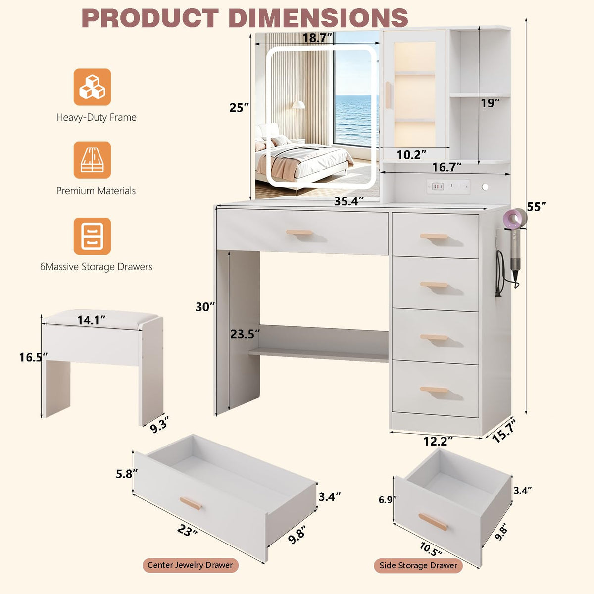 White Vanity Desk with LED Lights Mirror, 5 Drawers, Charging Station & Cushion Stool Q186578
