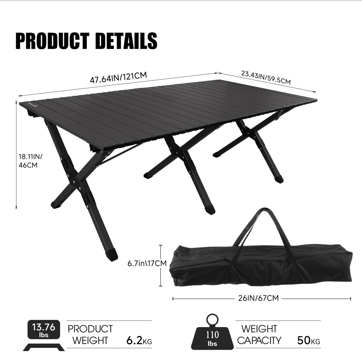 Folding Aluminum Camping Table with Carrying Bag O839