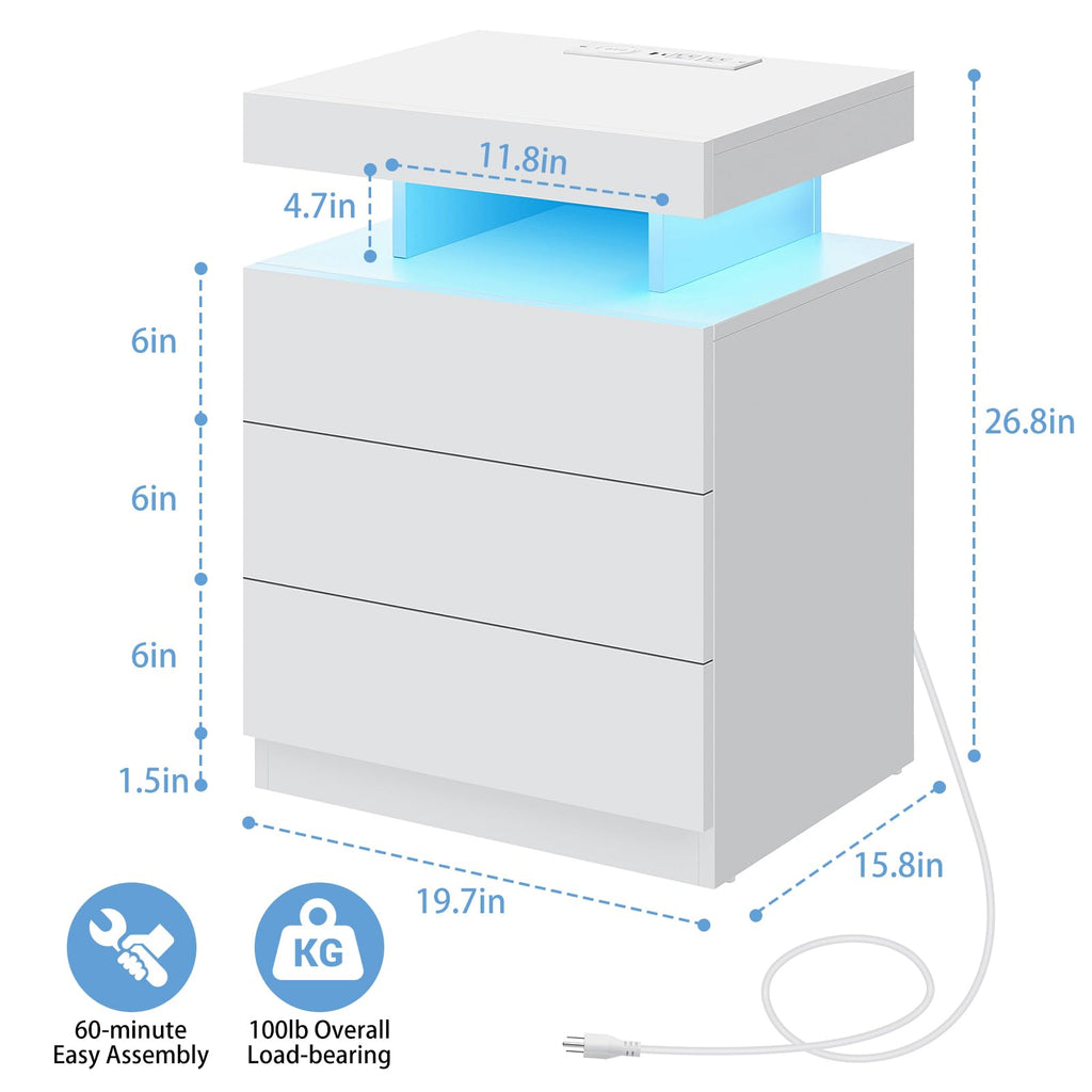 White 3 Drawer Nightstand with Wireless Charging Station G50165