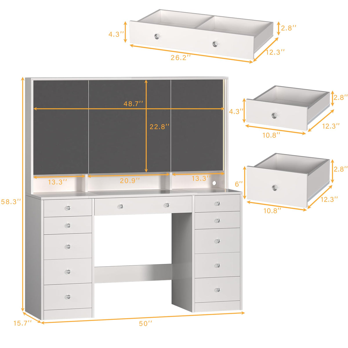 50'' White Glass Top Makeup Vanity with 11 Drawers and LED Mirror D7686