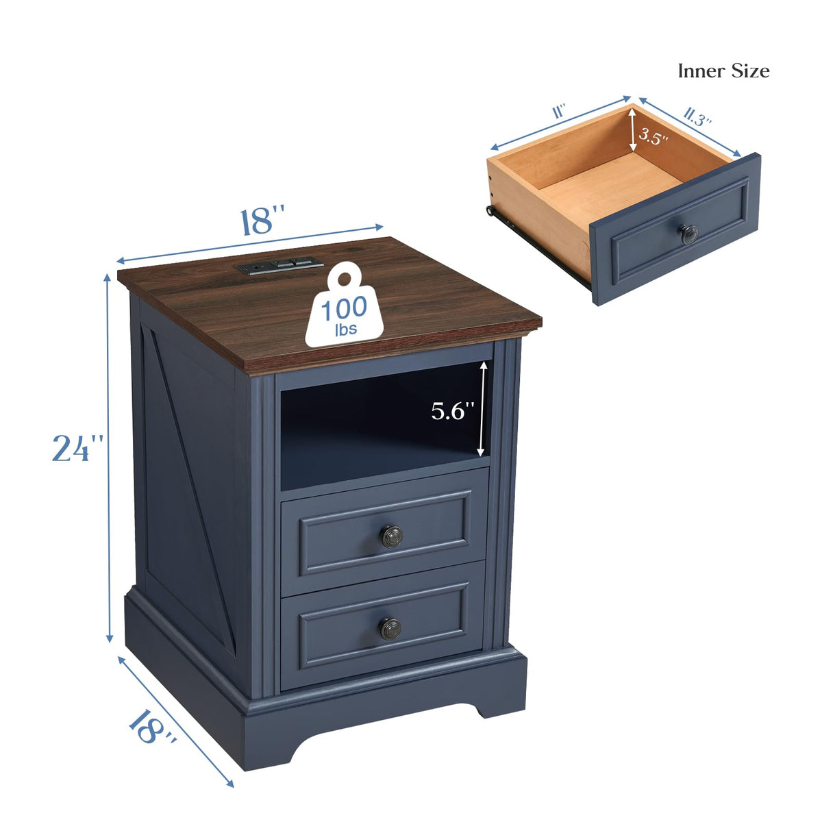 Blue 2 Drawer Nightstand with Charging Station W7567