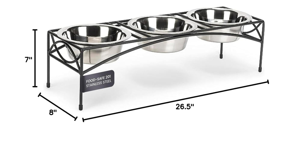 Black Triple Bowl Dog and Cat Feeder Stand with 3-2 Qt Stainless Bowls M947796