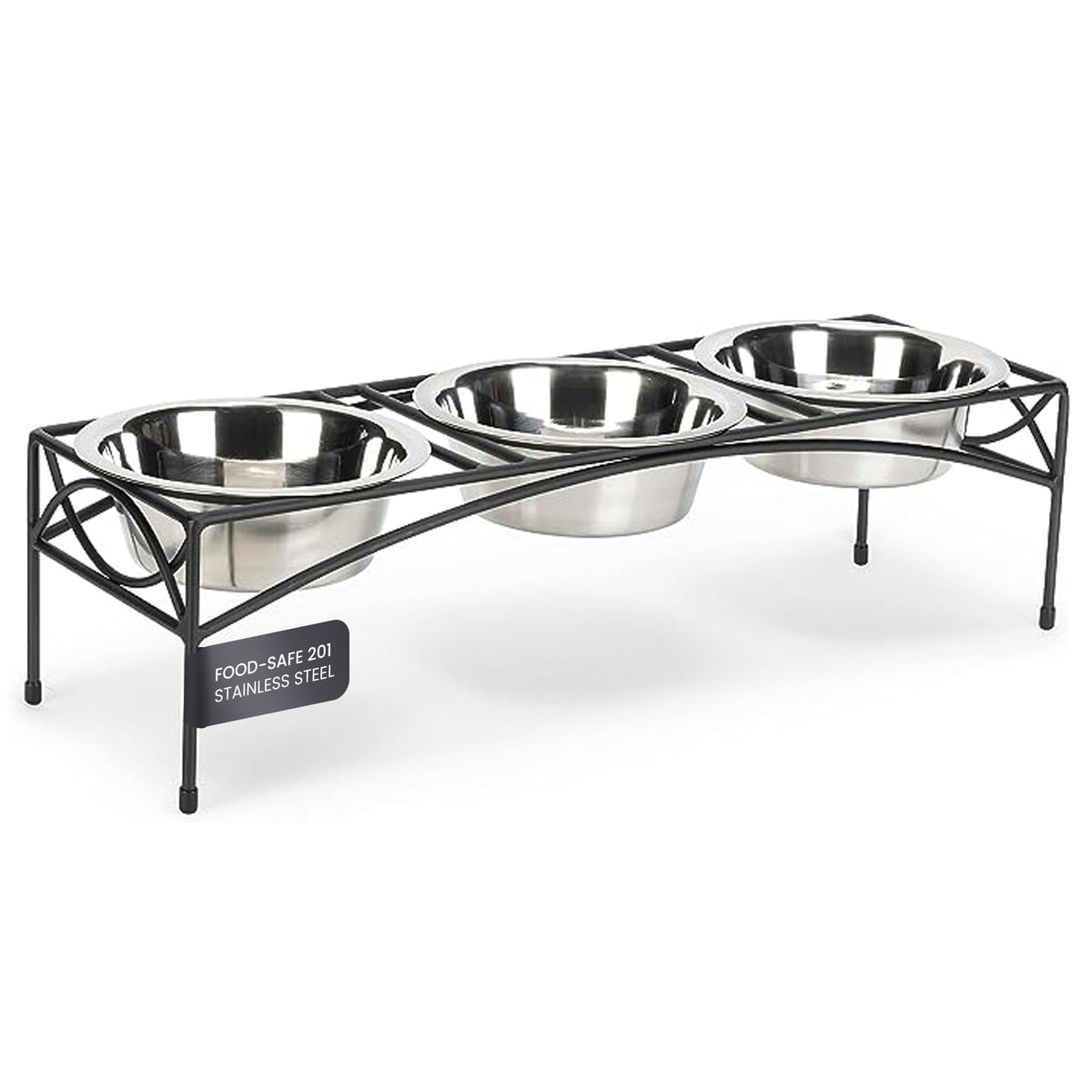 Black Triple Bowl Dog and Cat Feeder Stand with 3-2 Qt Stainless Bowls M947796
