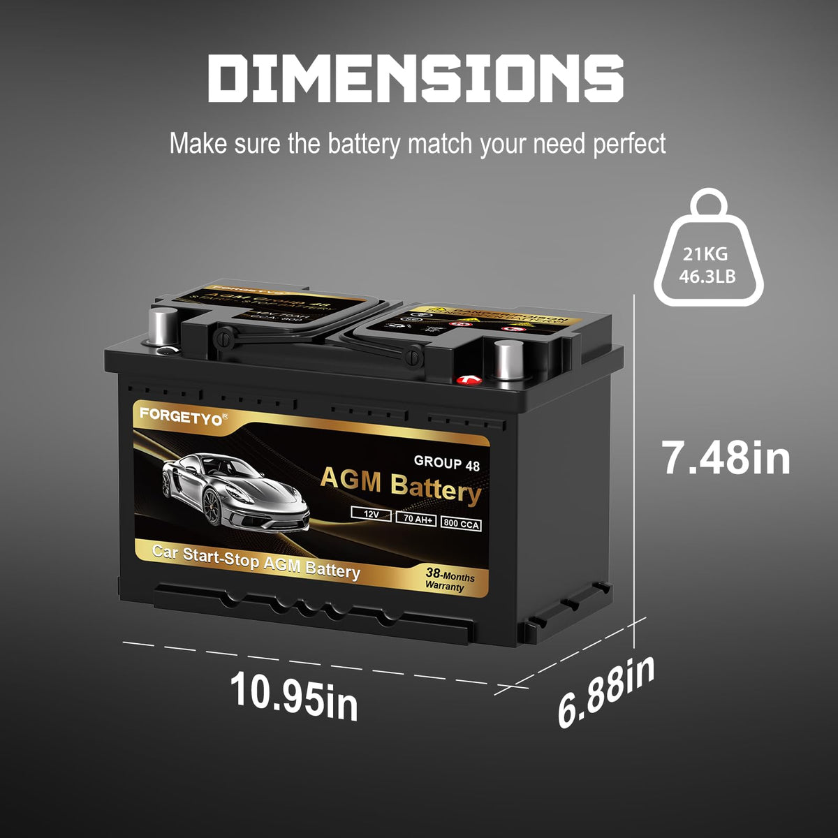 Group Size 48 AGM Car Battery, 12V 70 AH, 800 CCA H7856