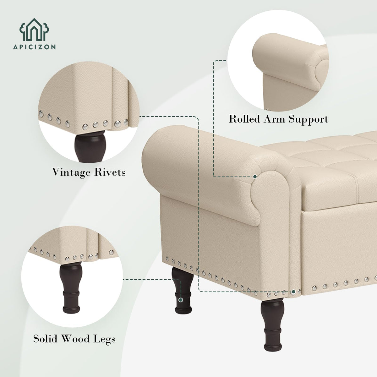 Beige Faux Leather Storage Bench with Rolled Arm H923
