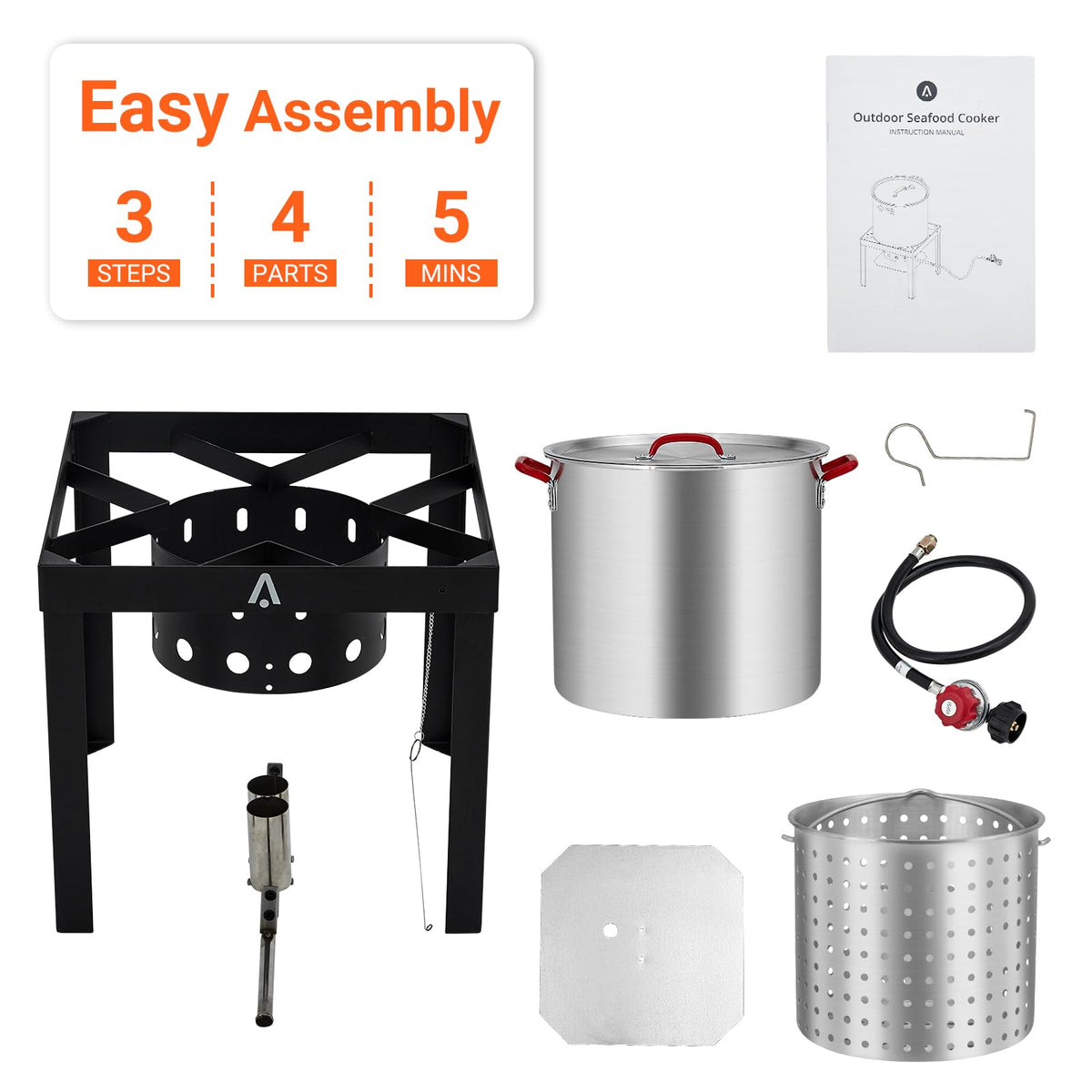 100Qt Aluminum Seafood Boil Pot with Strainer Basket and Propane Stove Burner U4925