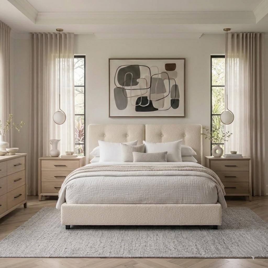 Queen Size Beige Boucle Upholstered Bed Frame with Headboard Q143