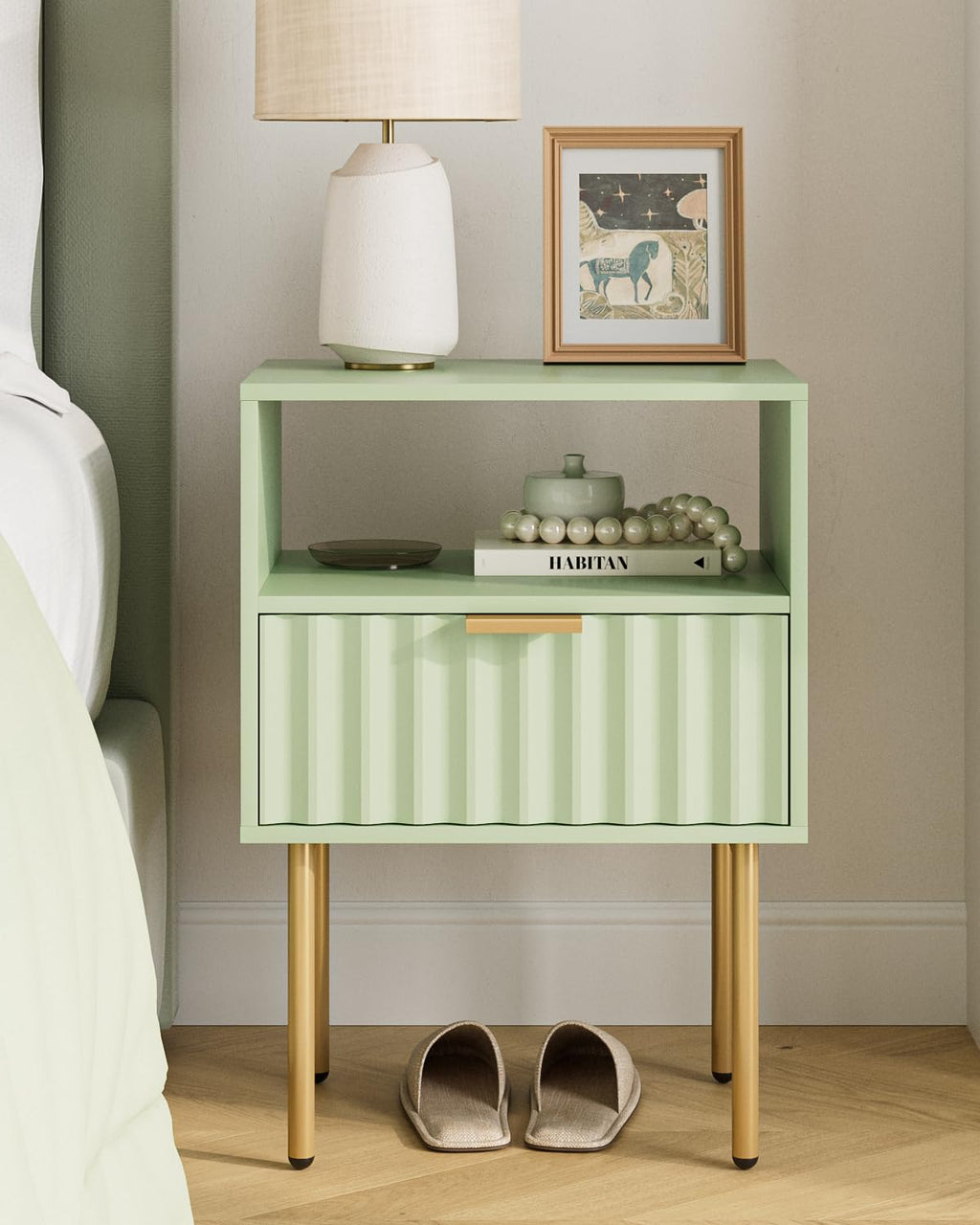 Green Night Stand with Drawer and Shelf C8807