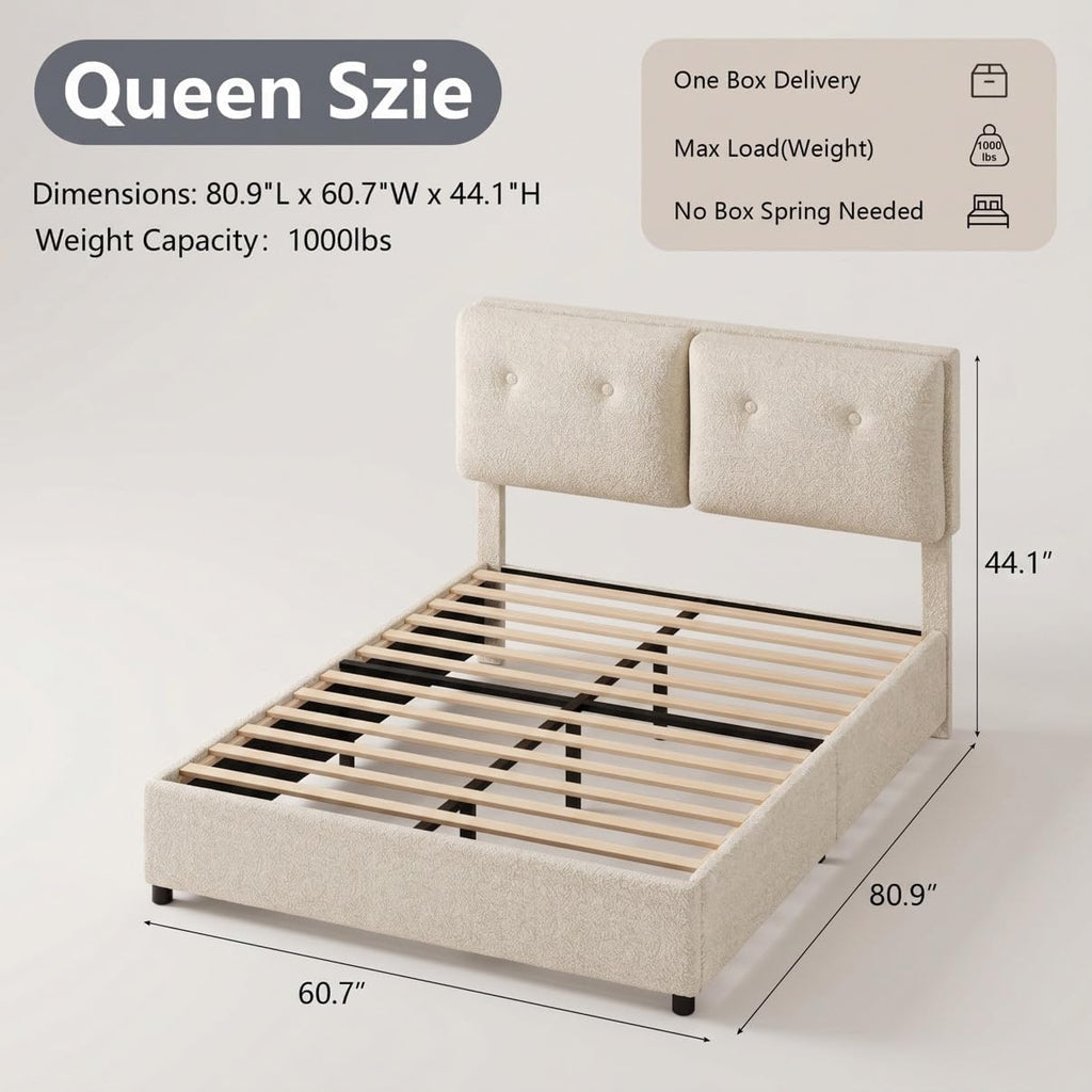 Queen Size Beige Boucle Upholstered Bed Frame with Headboard Q143