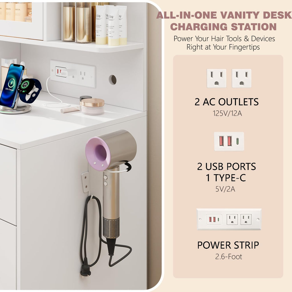 White Vanity Desk with LED Lights Mirror, 5 Drawers, Charging Station & Cushion Stool Q186578