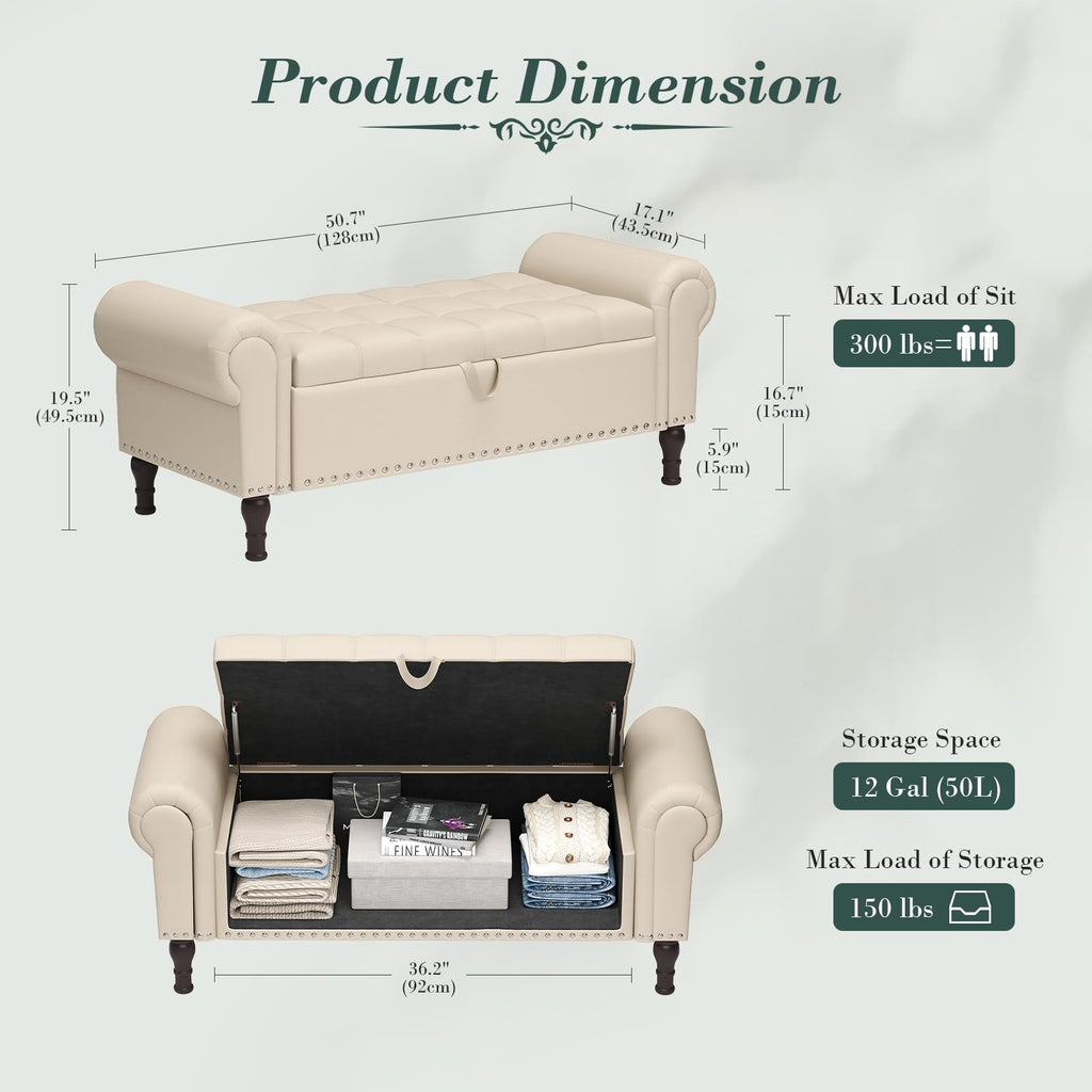 Beige Faux Leather Storage Bench with Rolled Arm H923