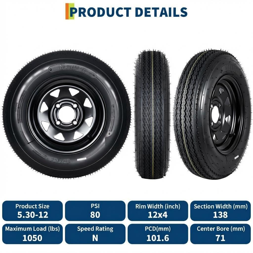 2-Pack 5.30-12 Trailer Tires with Rim, 6-Ply, 1050 LBS Load I9858