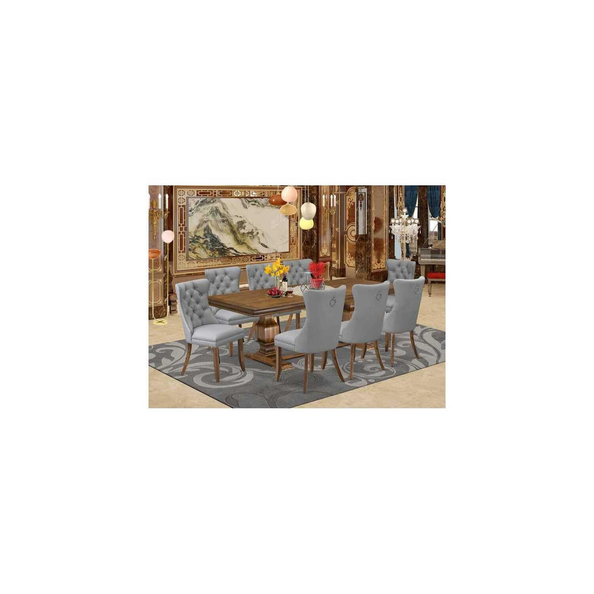 9 Piece Dining Table Set with 8 Light Gray Faux Leather Chairs T996