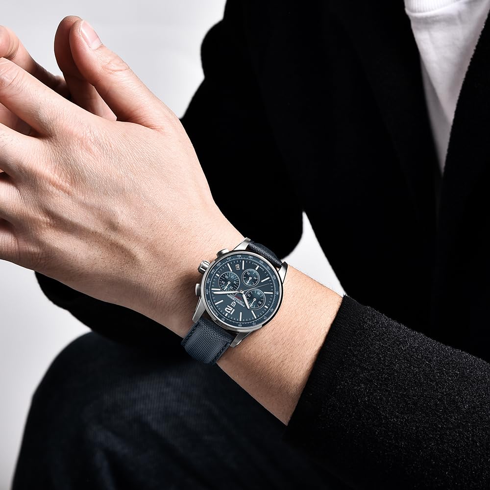 Men's Quartz Chronograph Watch, 100M Water Resistant Stainless Steel, Sapphire Glass, Nylon Strap F144