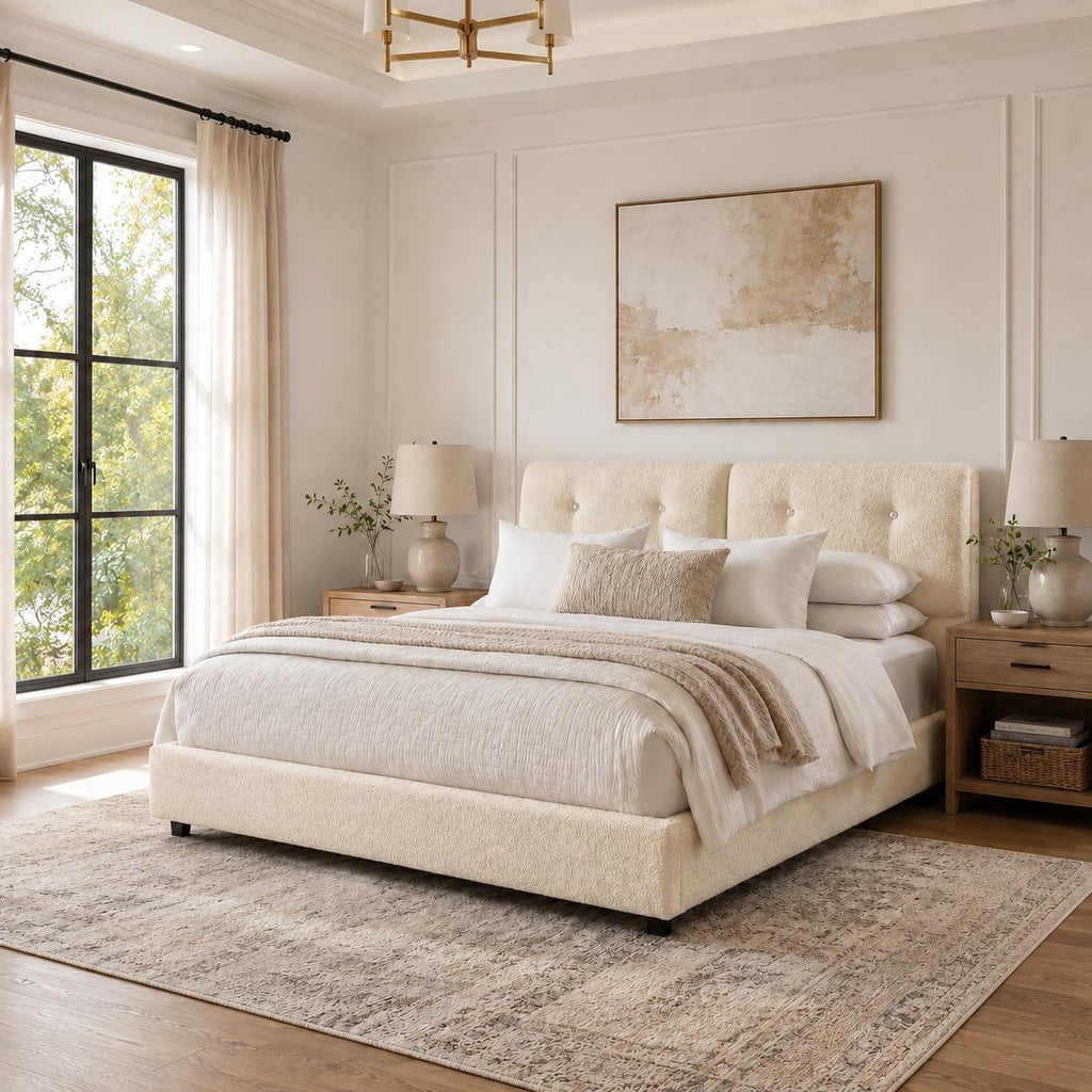 Queen Size Beige Boucle Upholstered Bed Frame with Headboard Q143