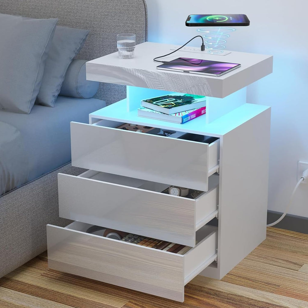 White 3 Drawer Nightstand with Wireless Charging Station G50165