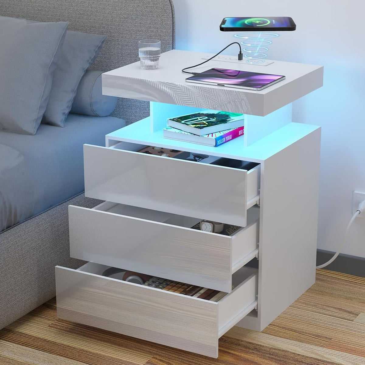 White 3 Drawer Nightstand with Wireless Charging Station G50165