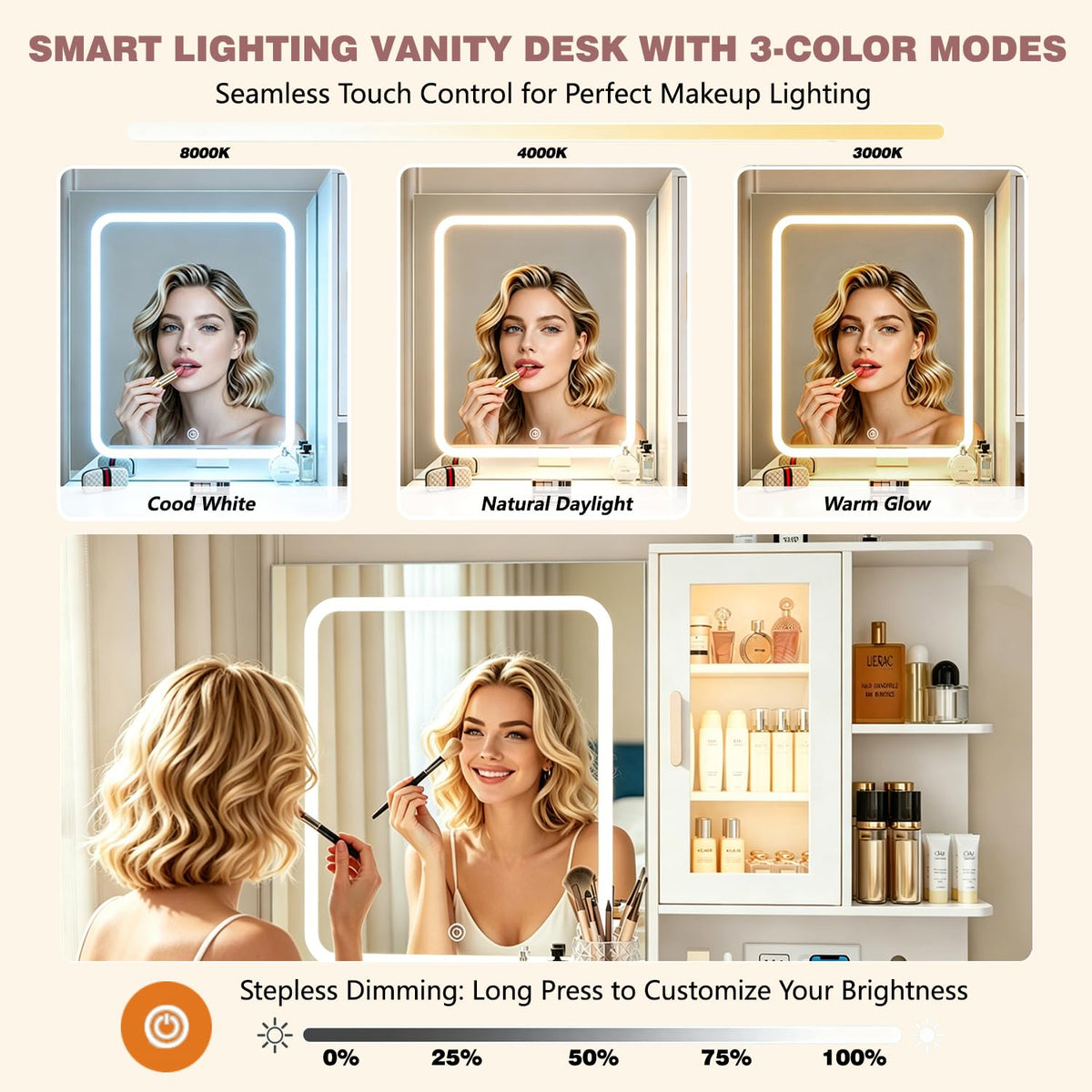 White Vanity Desk with LED Lights Mirror, 5 Drawers, Charging Station & Cushion Stool Q186578