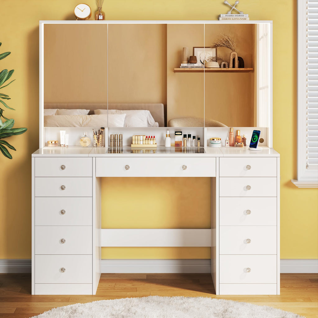 50'' White Glass Top Makeup Vanity with 11 Drawers and LED Mirror D7686
