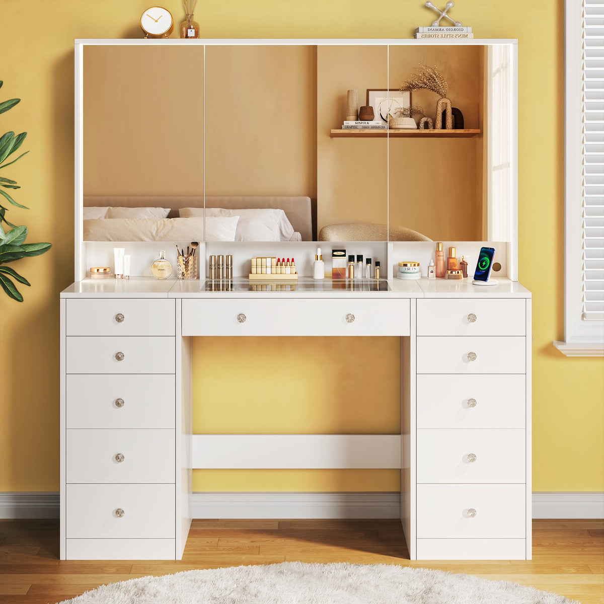 50'' White Glass Top Makeup Vanity with 11 Drawers and LED Mirror D7686