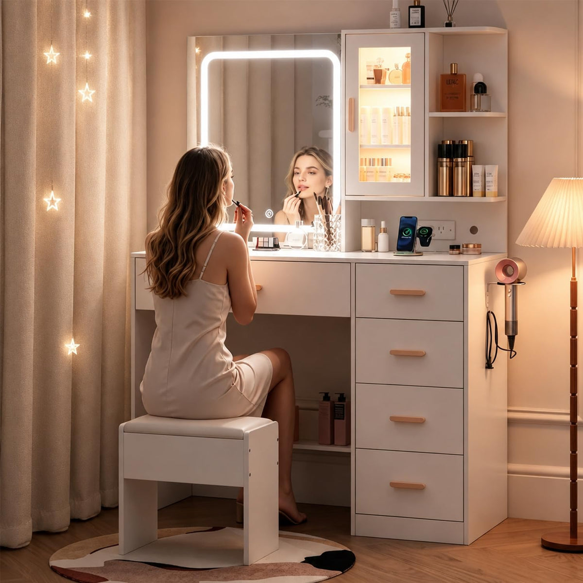 White Vanity Desk with LED Lights Mirror, 5 Drawers, Charging Station & Cushion Stool Q186578