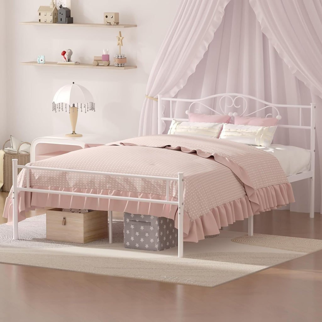 14 Inch Full Size White Metal Platform Bed Frame with Headboard and Footboard D4666