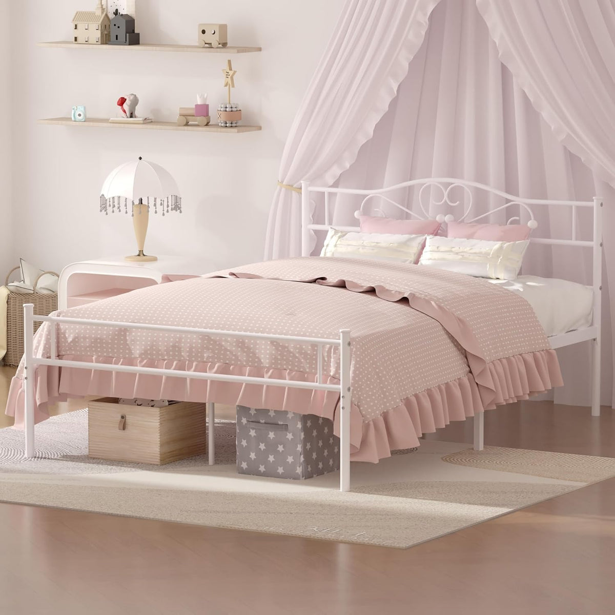 14 Inch Full Size White Metal Platform Bed Frame with Headboard and Footboard D4666