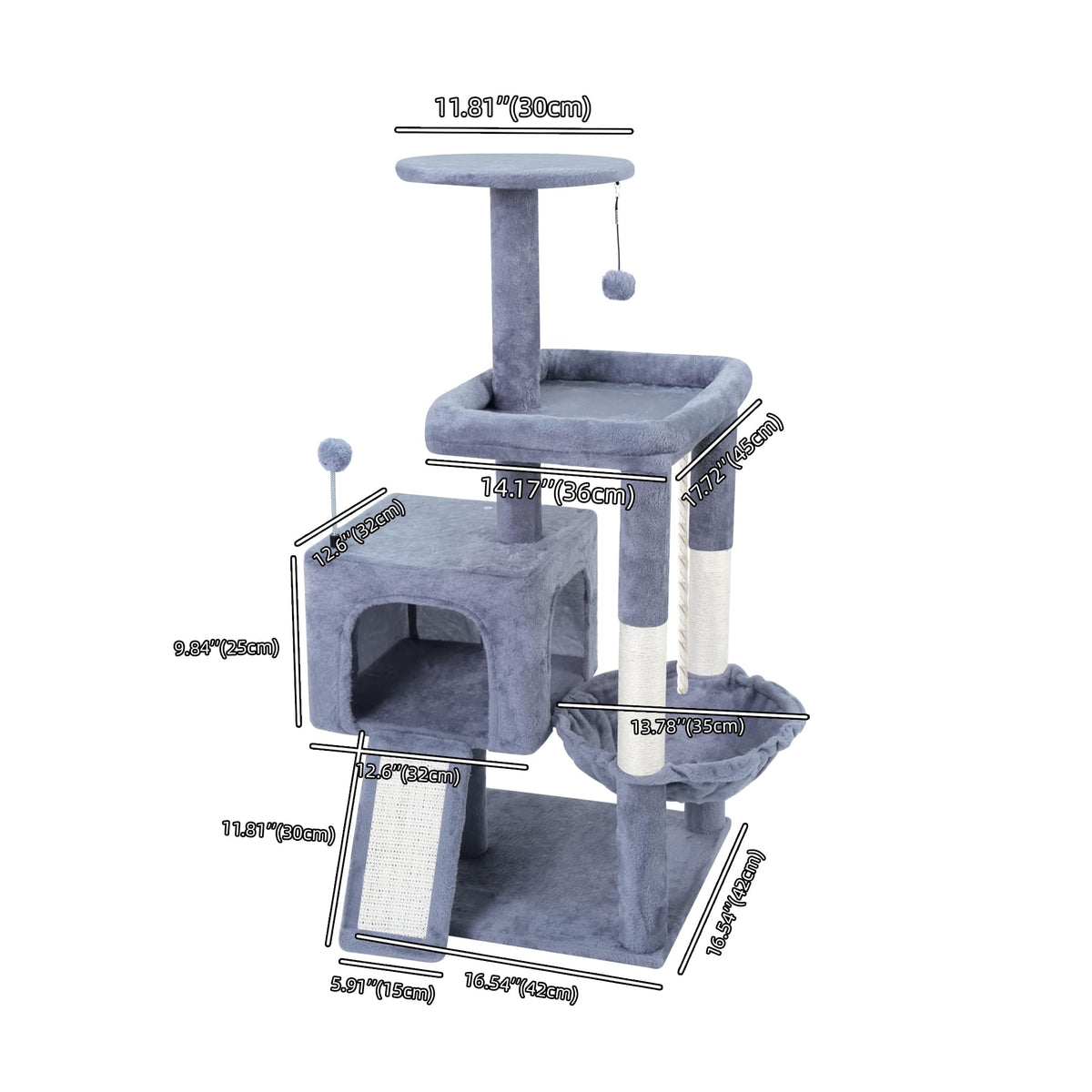 37.5" Cat Tree Tower with Scratching Board Hammock Grey O588