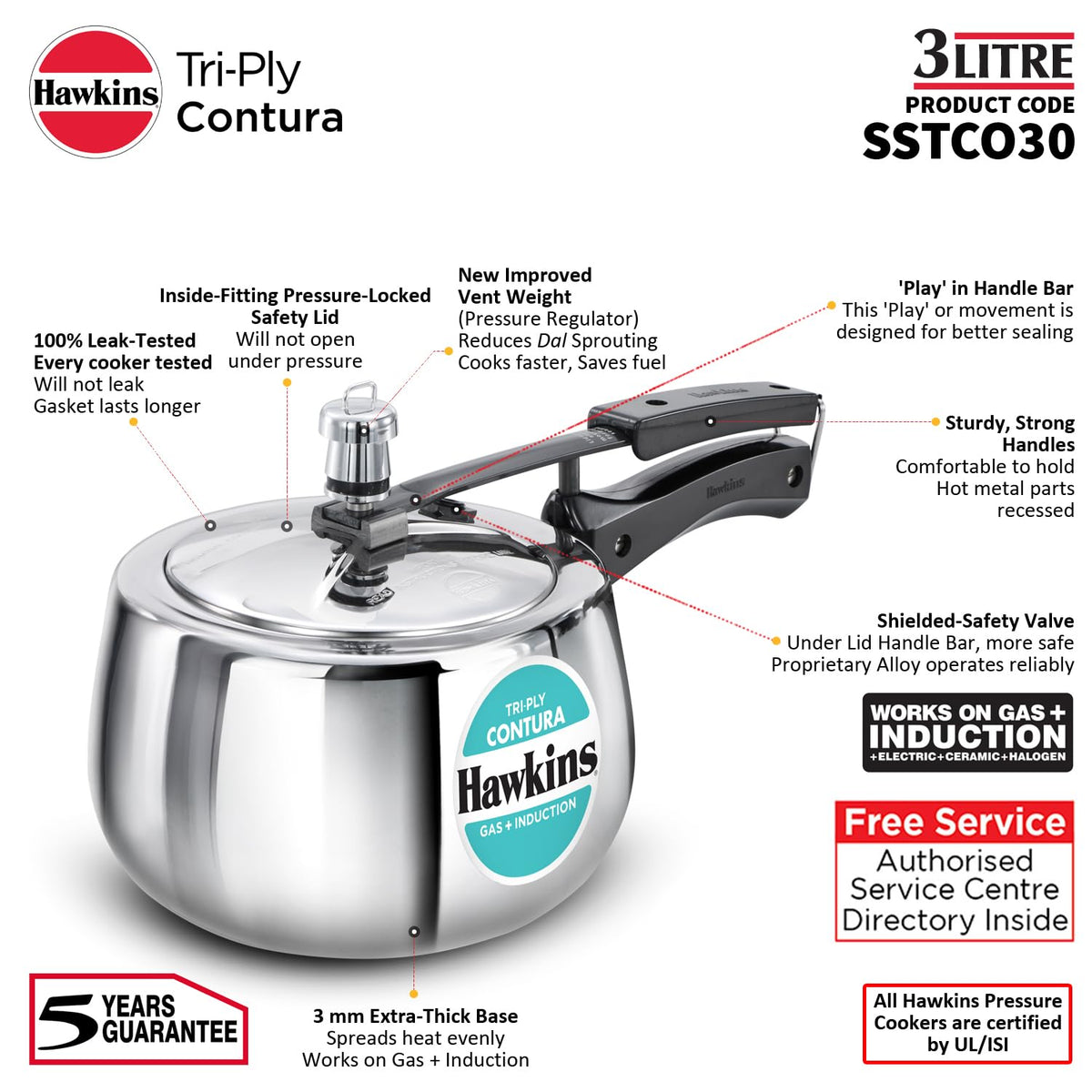 3 Litre Triply Stainless Steel Pressure Cooker C4592