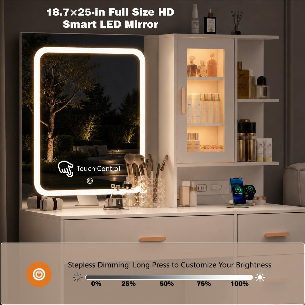 White Vanity Desk with LED Lights Mirror, 5 Drawers, Charging Station & Cushion Stool Q186578