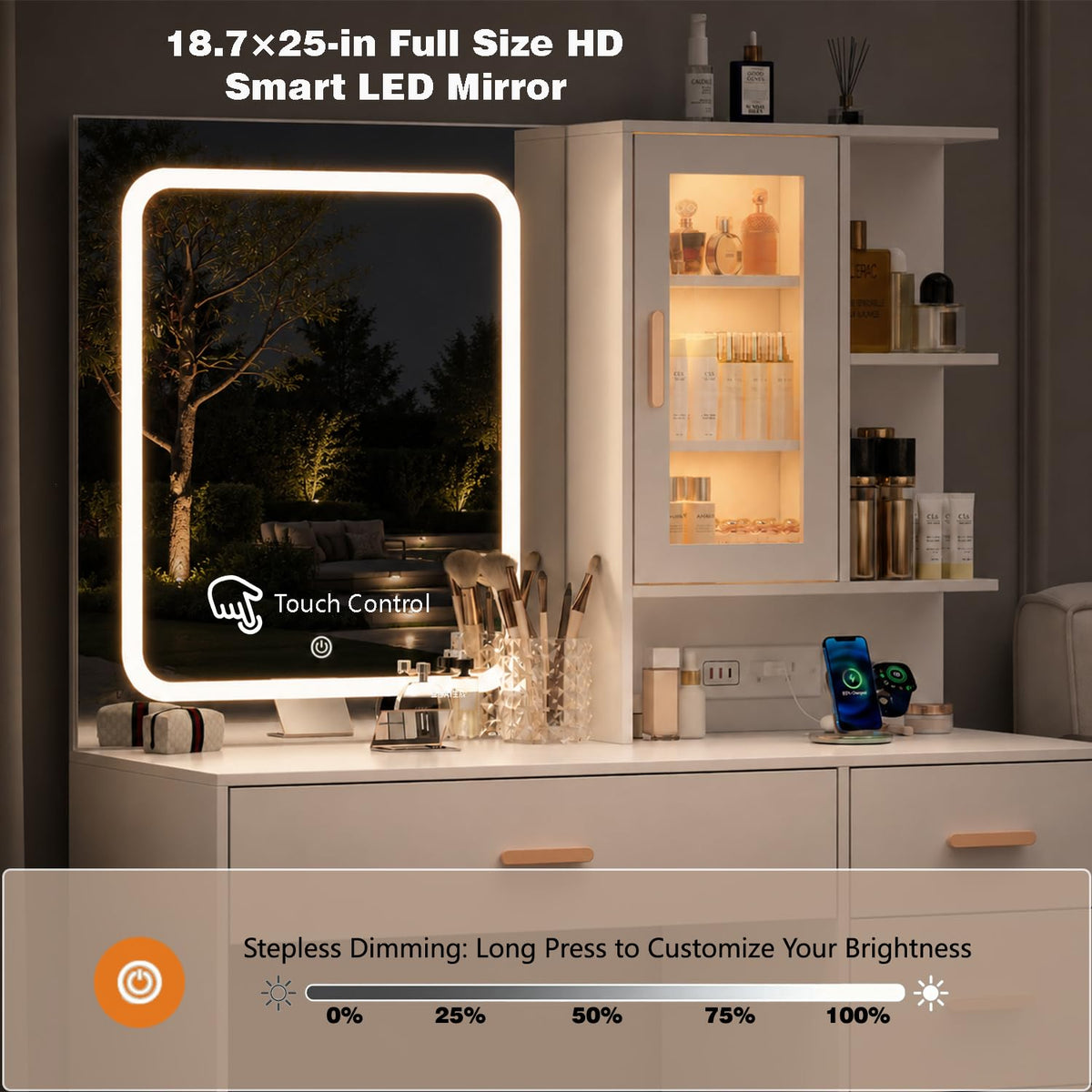 White Vanity Desk with LED Lights Mirror, 5 Drawers, Charging Station & Cushion Stool Q186578