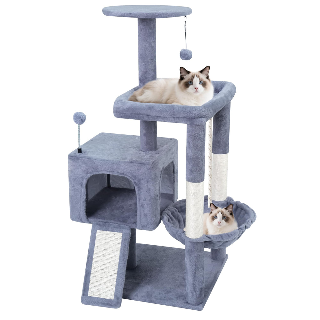 37.5" Cat Tree Tower with Scratching Board Hammock Grey O588