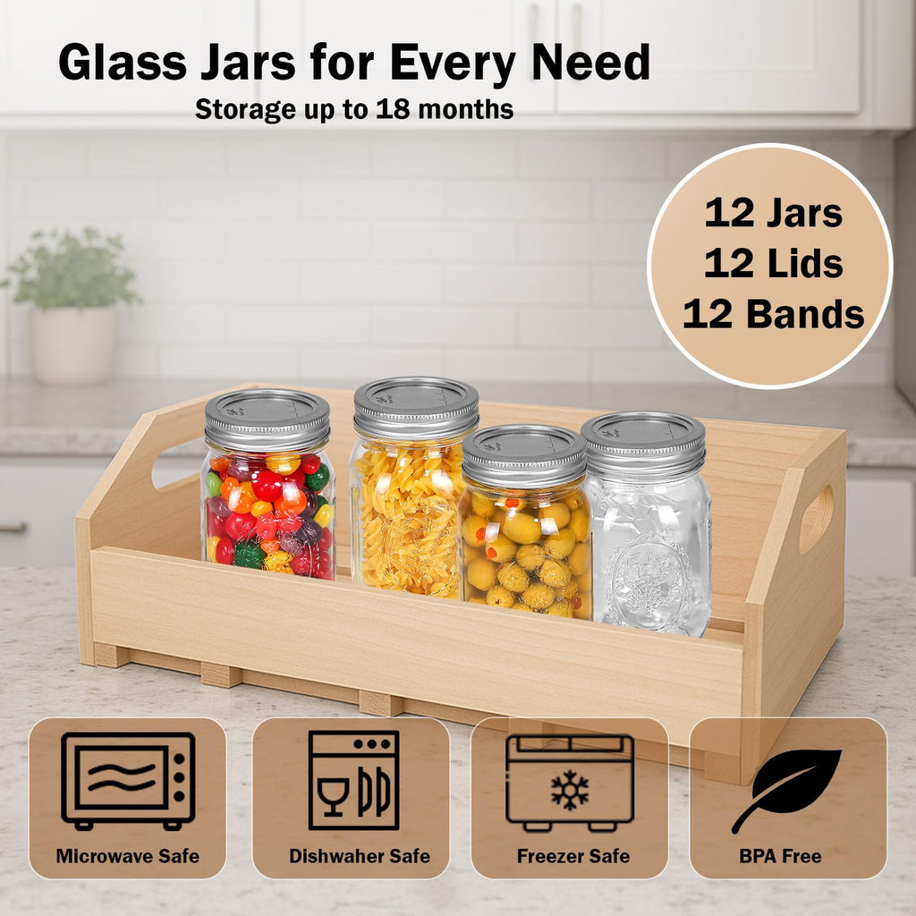 16 oz. Regular Mouth Mason Jars 12 Pack with Airtight Lids and Bands C7771