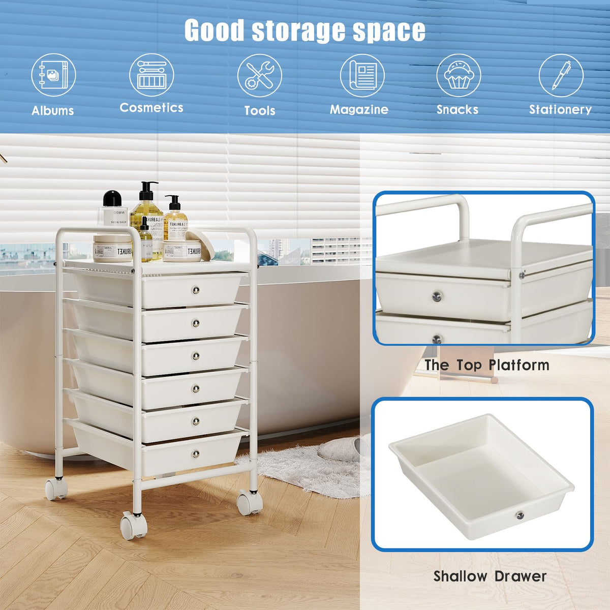 White 6-Tier Rolling Storage Cart with Drawers J90579
