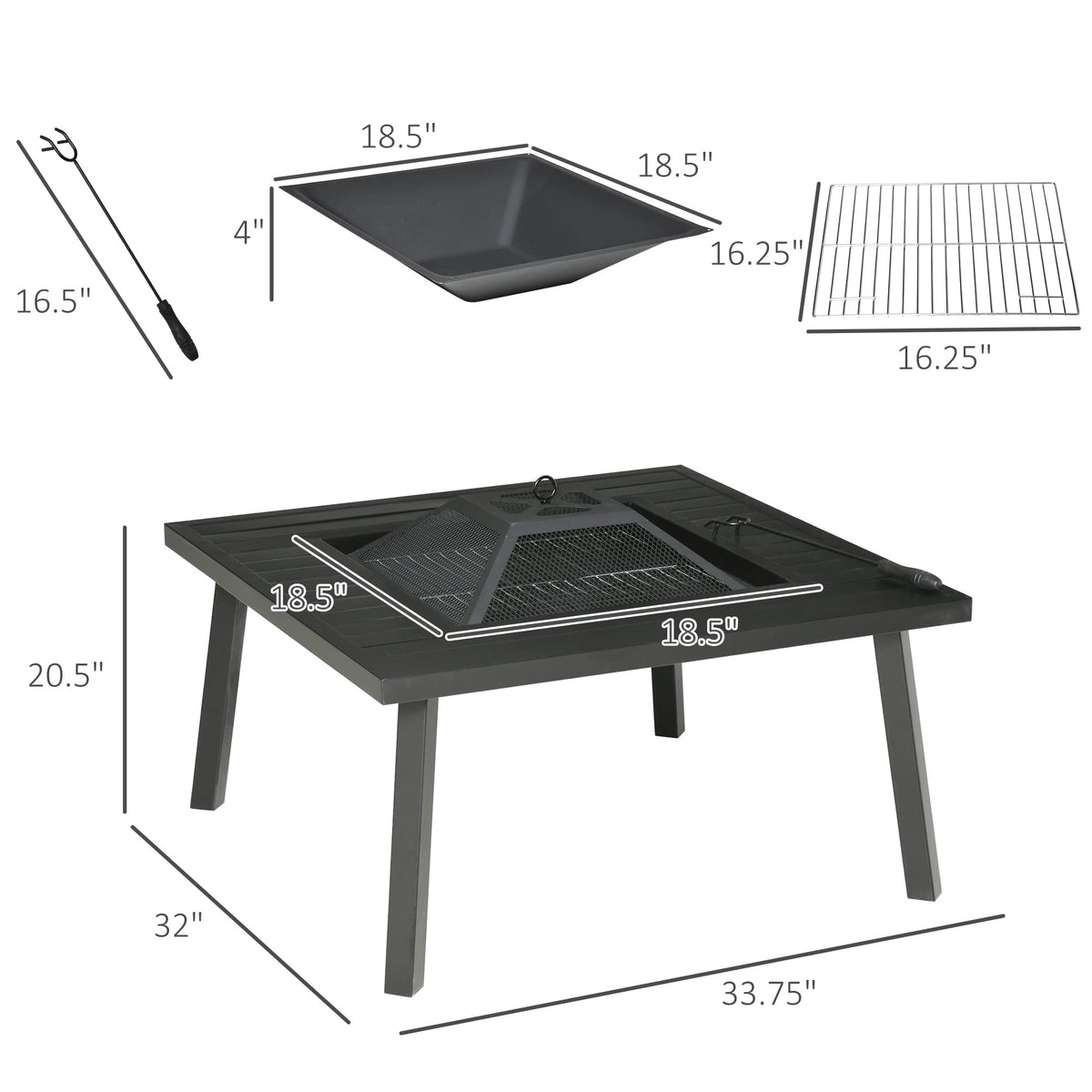 34" Fire Pit with Grill Spark Screen Poker Cover Black D656