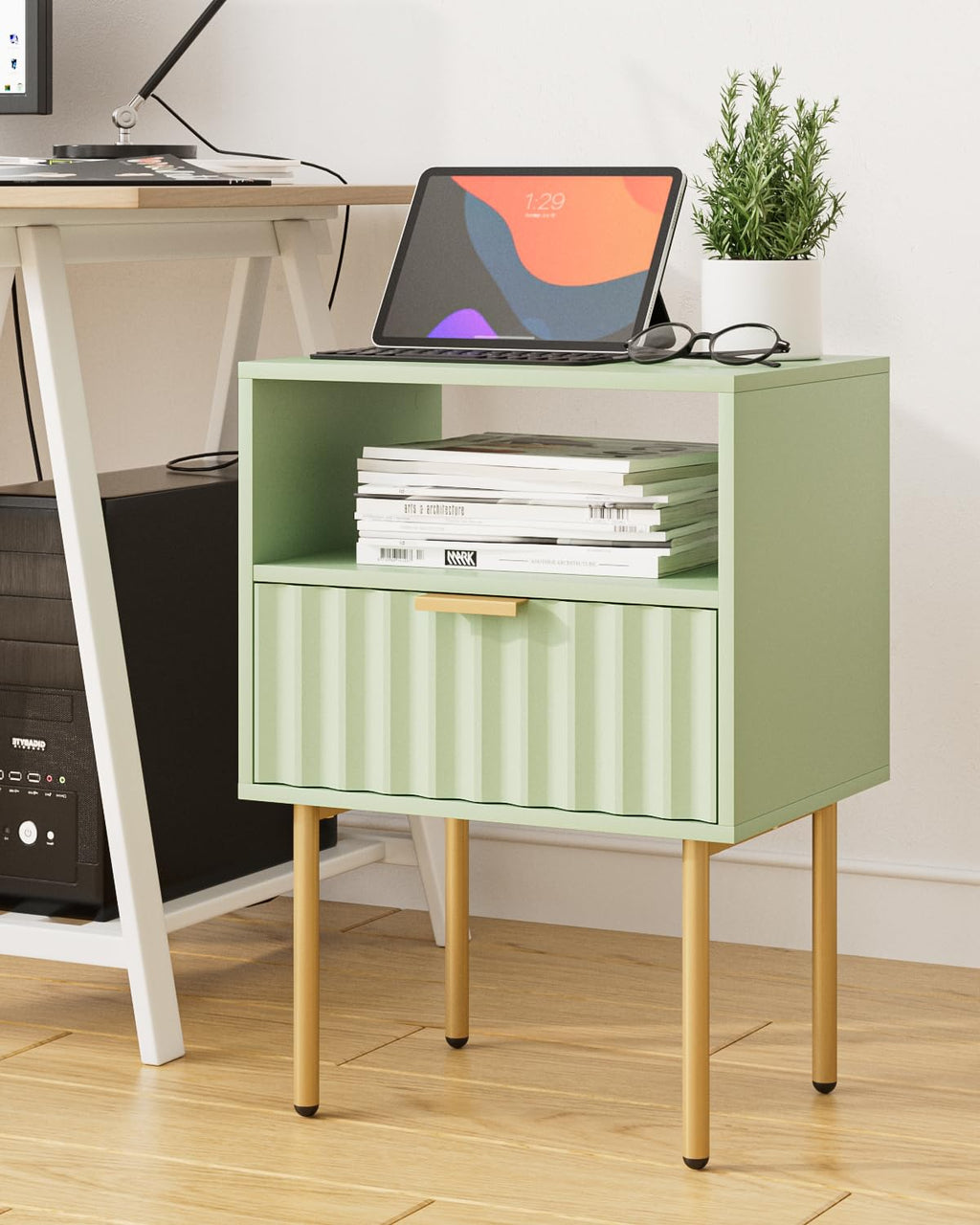 Green Night Stand with Drawer and Shelf C8807