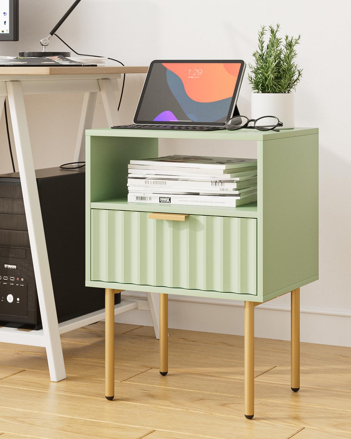 Green Night Stand with Drawer and Shelf C8807
