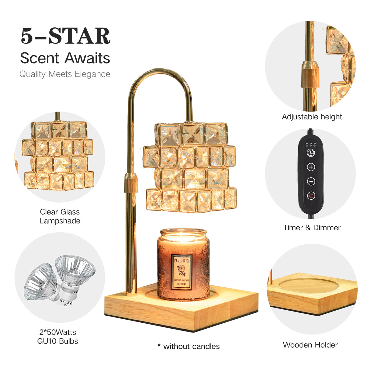 Candle Warmer Lamp with 2 Bulbs, Adjustable Dimmable Amber Glass H4604