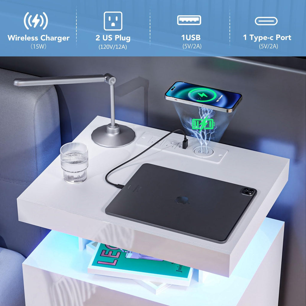 White 3 Drawer Nightstand with Wireless Charging Station G50165