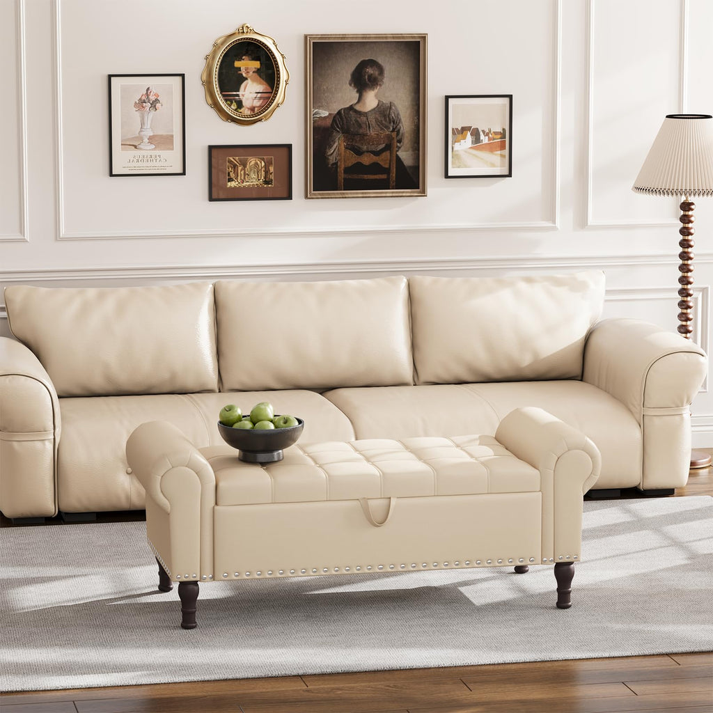 Beige Faux Leather Storage Bench with Rolled Arm H923