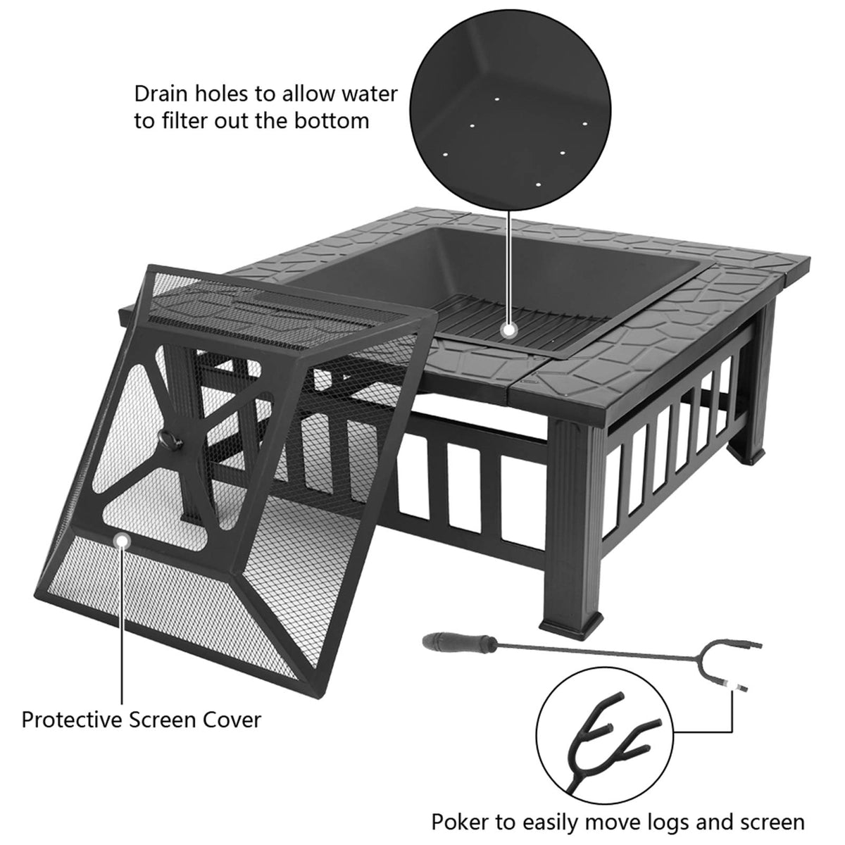 32 Inch Black Metal Wood Burning Fire Pit Q136