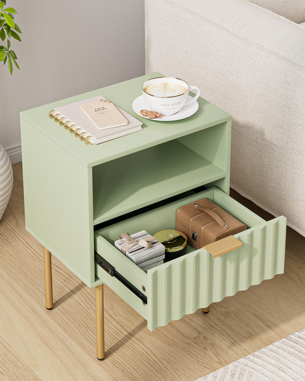 Green Night Stand with Drawer and Shelf C8807