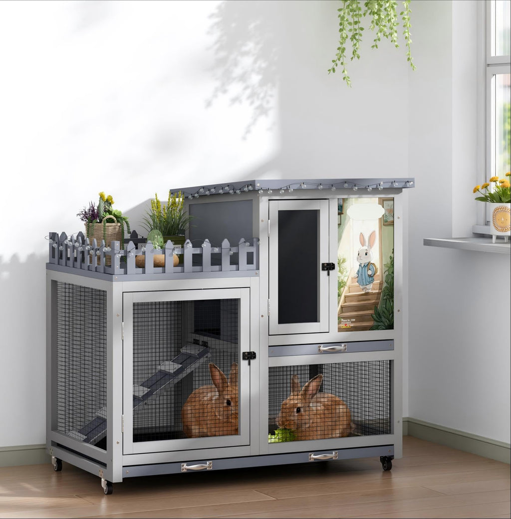 Wood Rabbit Hutch with Balcony on Wheels C334