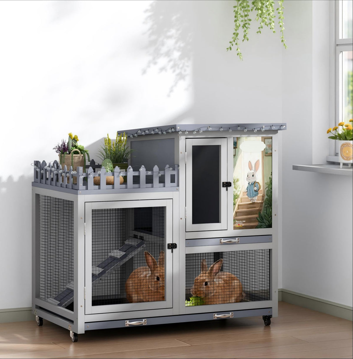 Wood Rabbit Hutch with Balcony on Wheels C334