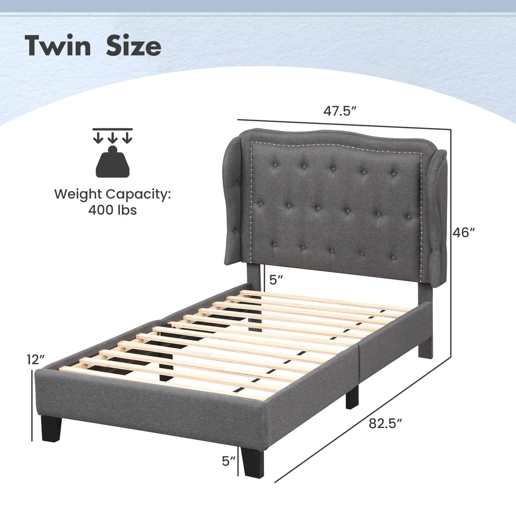 Grey Linen Upholstered Twin Bed Frame with Headboard Z76967