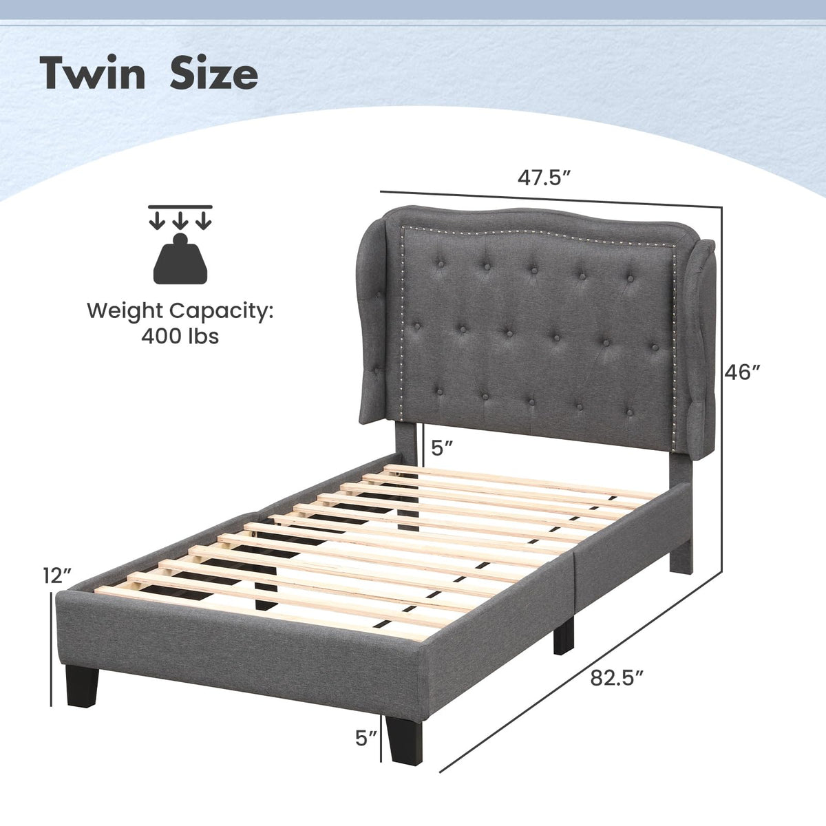 Grey Linen Upholstered Twin Bed Frame with Headboard Z76967
