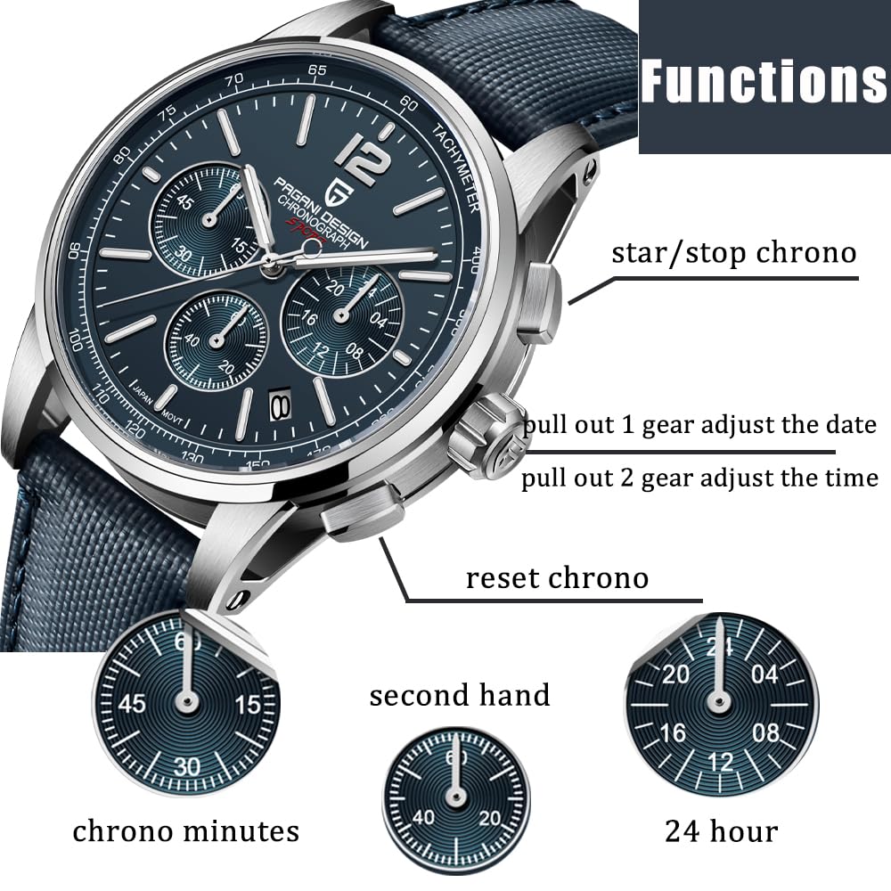 Men's Quartz Chronograph Watch, 100M Water Resistant Stainless Steel, Sapphire Glass, Nylon Strap F144
