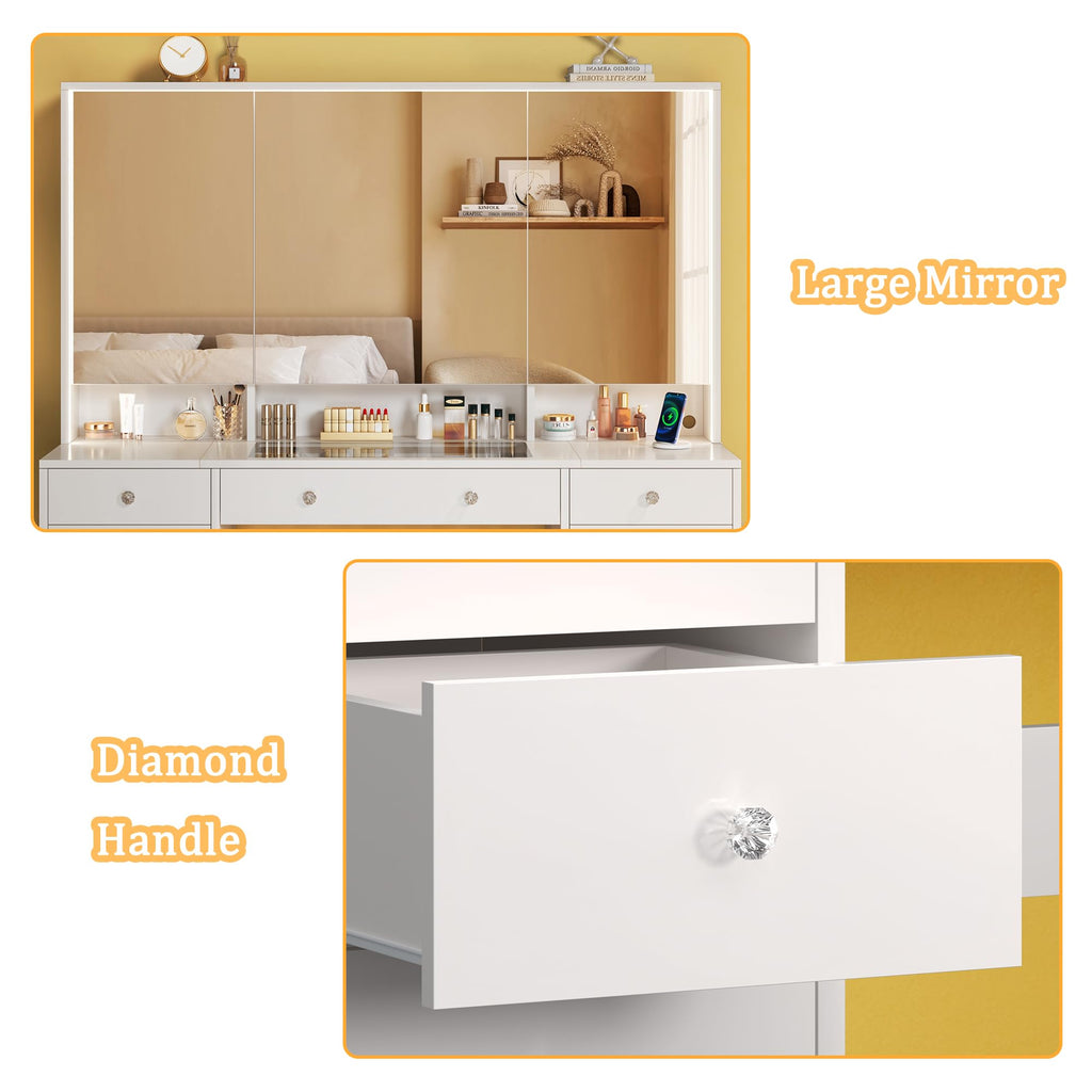 50'' White Glass Top Makeup Vanity with 11 Drawers and LED Mirror D7686
